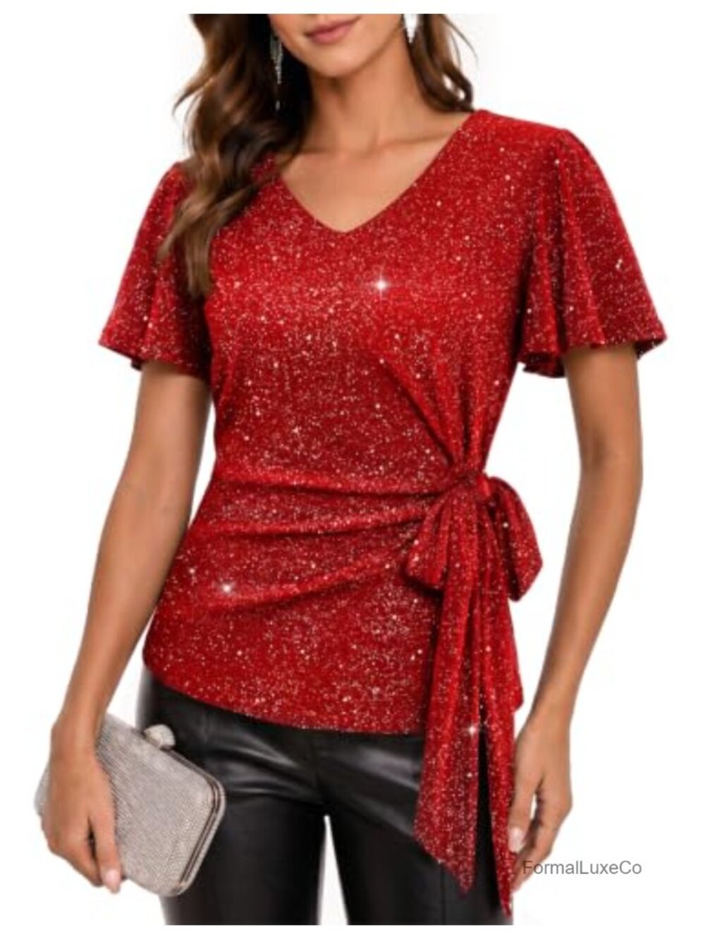 Sequin Tunic Top V-Neck Short Sleeve Ruched Party Blouse